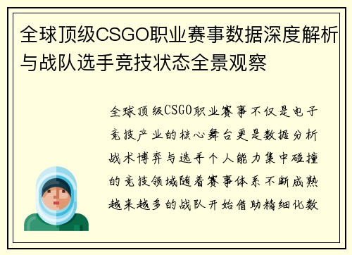全球顶级CSGO职业赛事数据深度解析与战队选手竞技状态全景观察 全球顶级CSGO职业赛事数据深度解析与战队选手竞技状态全景观察